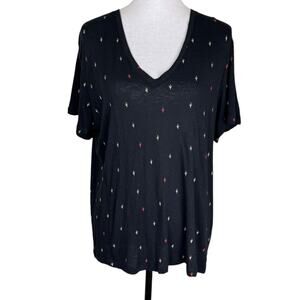 Rails Cara Black Rainbow Cactus V-Neck Lightweight Linen Blend Boho Casual Tee